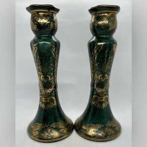 Vintage Pair Of Andrea by Sadek -Green & Gold Filigree Candlesticks